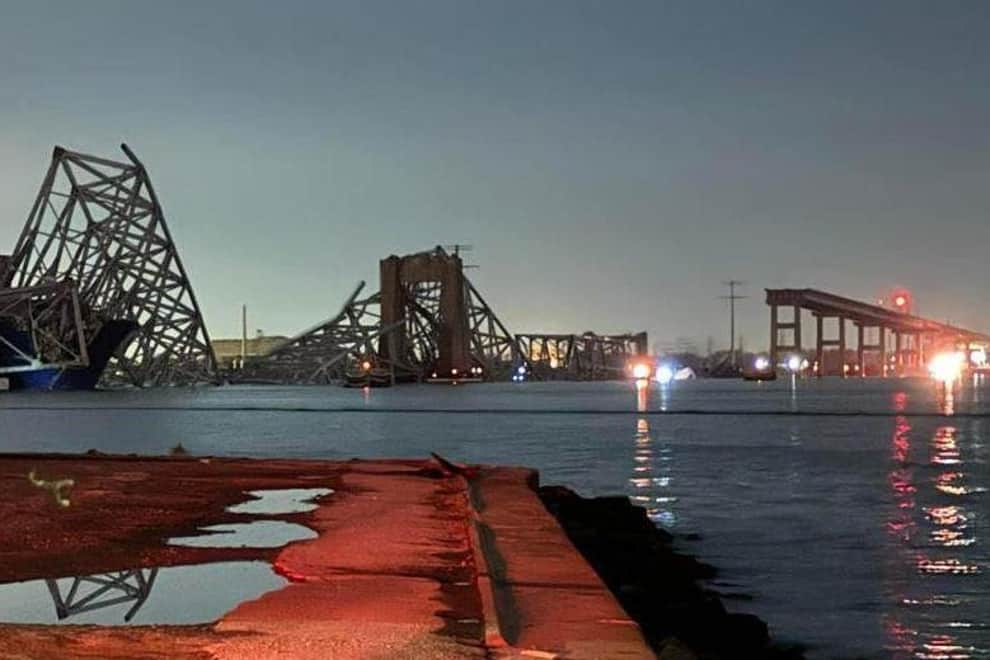 An image taken by Harford County MD Volunteer Fire and EMSPA Wire of the fallen Baltimore Bridge after a container ship collided with it in February 2024.