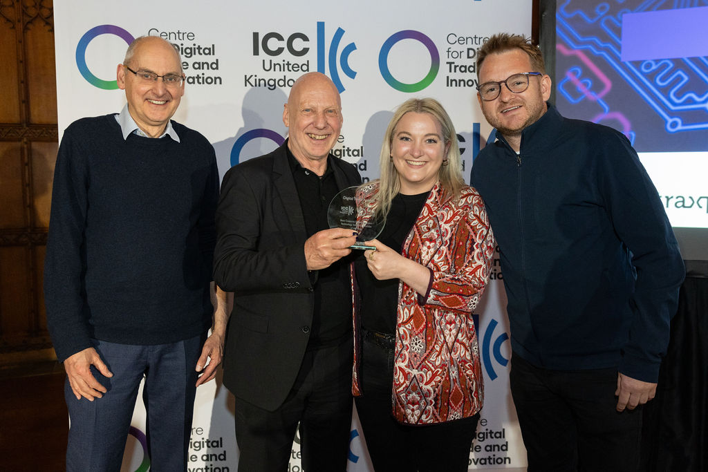 From left the photo shows, Nick Weaver, Director, Cargo Community Systems & CCS-UK, BT; Peter MacSwiney, Director with C4DTI; Rachael Moore, Head of Customer Success at Azarc; and Dave Robbins, CEO and Co-Founder of Azarc, standing in front of a press board at the ICC’s C4DTI Awards 2024 holding the trophy for winning the title of Best Customs Software System/Technology Solutions Provider of the Year.