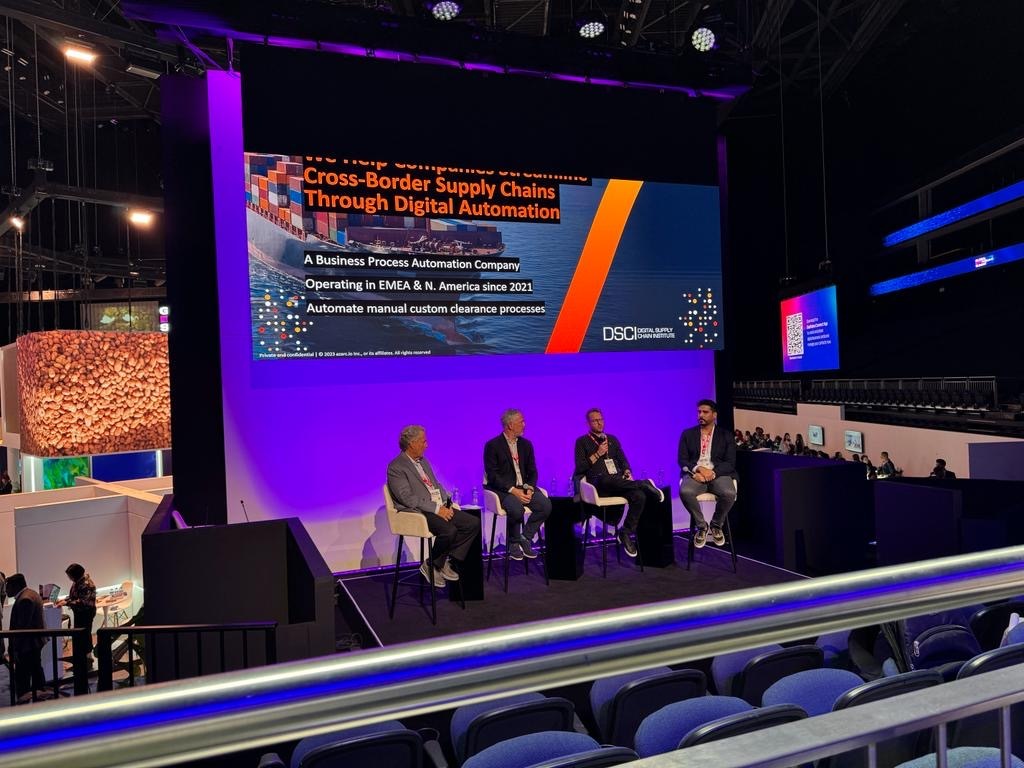 A stage, at the 2024 Global Freight Summit where CEO and CO-Founder Dave Robbins added his expert insight to a panel talking about the future of customs clearance.