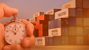 Graphic depicting time, both saved and wasted, across global supply chains. A man holds a stop clock in front of a tower of shipping containers.