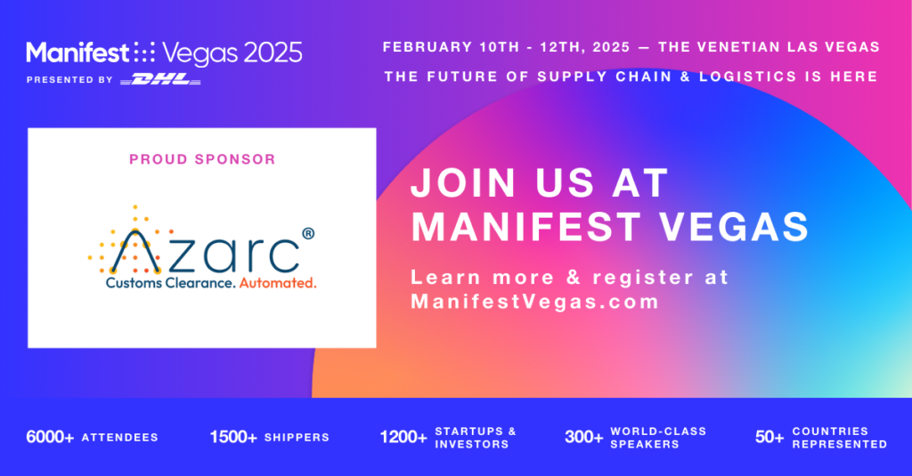 Blue, pink and purple geometric graphic advertising Azarc exhibiting at Manifest 2025
